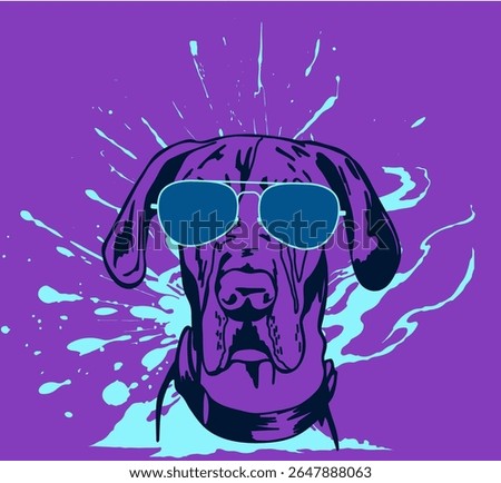 Great Dane in glasses, dog's face, t-shirt print, pet portrait, paint splatters on purple background. Vector. Funny animal