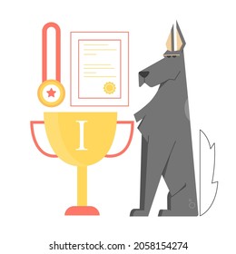 Great Dane and his awards. The winner dog of the competition sits next to the gold cup, medal and diploma. Pet training and obedience. Vector flat illustration.