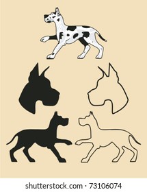 Great Dane illustration with the body silhouette and outline, head silhouette and outline vector