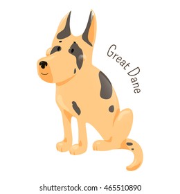 Great Dane isolated on white background. Large breed of domestic dog. Deutsche Dogge. German Mastiff. Dogue Allemand. Cartoon puppy. Child fun pattern icon. Vector illustration