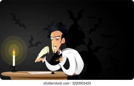 Great dark gothic writer writes terrible story. Concept cartoon vector