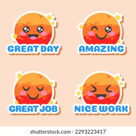 Great day and amazing stickers set. cute planet and star with text vector illustration. Flat design.