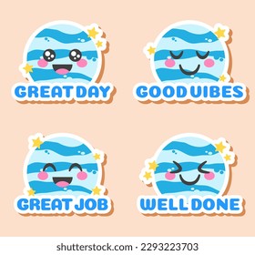 Great day, good vibes, well done stickers set. Cute planet and star with text vector illustration. Flat design.