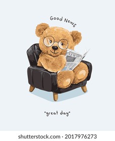 great day slogan with cute bear doll reading newspaper on a couch vector illustration