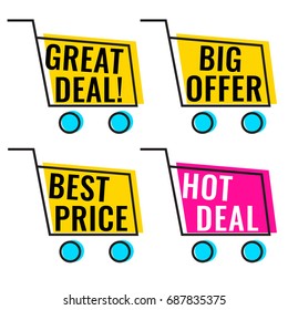 Great Deal, Big Offer, Best Price, Hot Deal. Badge, Icon, Logo. Set Of Vectors Illustrations On White Background. Business Concept For Discount, Outlet.