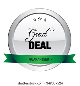 Great Deal Seal Or Icon. Silver Seal Or Button With Stars And Green Banner.