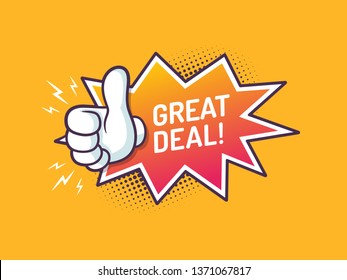 Great deal sign with thumb up and starburst in pop art style vector illustration