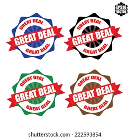 Great deal sticker, label,tag and stamp set with red ribbon, vector illustration 