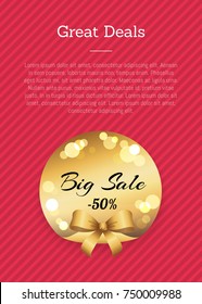 Great deals golden label with round blurred elements vector illustration with gold bow isolated on poster on pink background, place for text