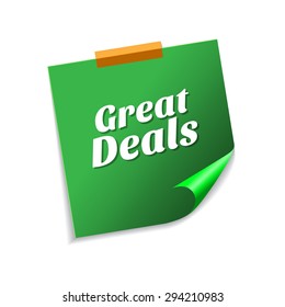 Great Deals Green Sticky Notes Vector Icon Design