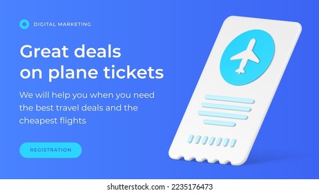 Great deals on plane tickets special offer marketing promo advertising social media banner 3d icon vector illustration. Travel vacation air passenger transportation tourism service booking price off