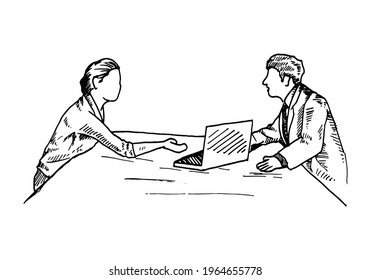 A great debate between two businessmen at a meeting table, by showing the evidence on a laptop. vector draw graphic design illustration sketch 
