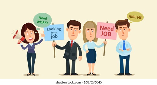 Great Depression, Mass Layoffs, Rally Of Unemployed. A Crowd Of People, Jobless Protesting In Need Of Work. People Are Looking For Work. Vector Illustration, Flat Design, Cartoon Style, Isolated.