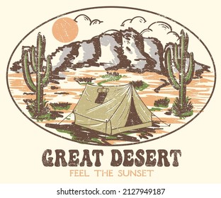 Great desert camping print design for t shirt, poster, background, sticker and others. Arizona desert with cactus tree vector artwork.