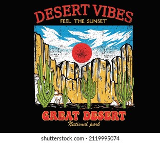 Great desert park graphic print design for t shirt, poster, sticker and others. Desert with cactus wild vector artwork design.