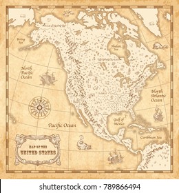 Great Detail Illustration of the North America map in vintage style with mountains, trees, cities and main rivers on a old parchment background decorated with many original illustrations. 