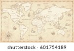 Great Detail Illustration of the world map in vintage style with all countries boundaries and names on a old parchment background. 