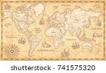 Great Detail Illustration of the world map in vintage style with mountains, trees, cities and main rivers on a old parchment background. 