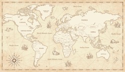 Great Detail Illustration Of The World Map In Vintage Style With All Countries Boundaries And Names On A Old Parchment Background. 
