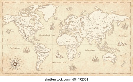 Great Detail Illustration of the world map in vintage style with mountains, trees, cities and main rivers on a old parchment background. 