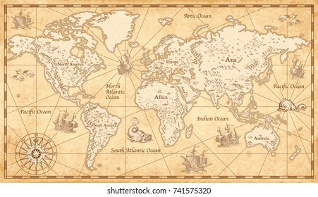 Great Detail Illustration of the world map in vintage style with mountains, trees, cities and main rivers on a old parchment background.  - Shutterstock ID 741575320