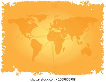 Great detailed illustration of the world map in vintage style imitation on old parchment background with wind rose or compass. Pirate map game concept. Travel adventure. Vector.