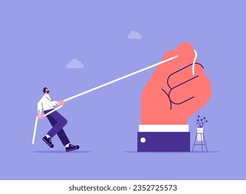 Great difficulties for small business against big corporations, businessmen pulling the rope with never give up attitude, tough business competition concept