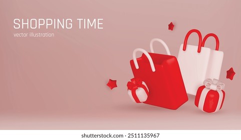 Great discount banner design with 3d gift box, shopping bag and Food basket