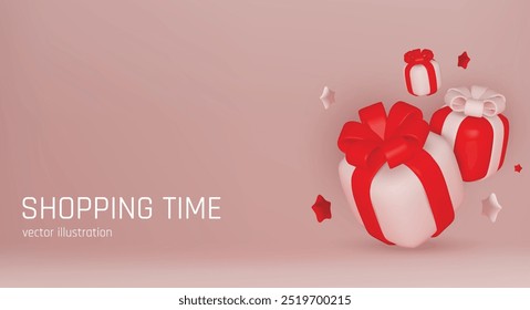 Great discount banner design with 3d gift box. Red and pink elegant sale, discount and special offer background.