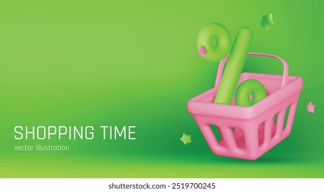 Great discount banner design with 3d gift box, shopping bag and Food basket