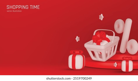 Great discount banner design with 3d gift box, shopping bag, percent sign and Food basket