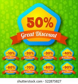 Great discount design concept set of colored pentagonal stickers with different percents and ribbons flat vector illustration