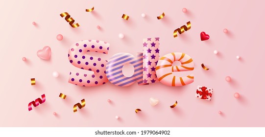 Great discount. Mega Sale banner or poster design on bright pink background. Sale word composition with gift box, balloons, confetti. Vector illustration