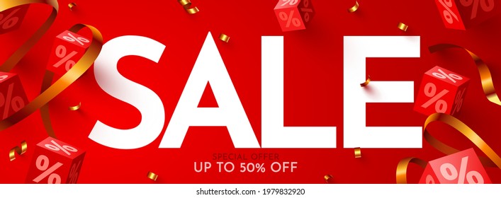 Great discount. Mega sale banner or poster design on bright red background. Sale word composition with confetti. Vector illustration