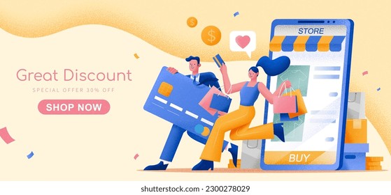 Great discount for online shopping banner. People walking out from a giant phone carrying shopping bags and credit cards