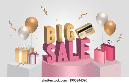 Great discount sale banner design in 3d illustration on gray background, sale word balloon on podium with credit card, shopping bag and gift design elements. scene 3d for show products.