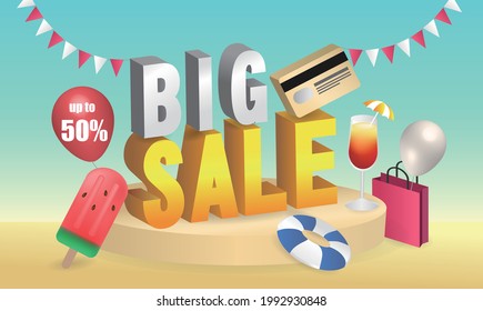 Great discount sale banner design in 3d illustration on summer beach background, sale word balloon on podium with credit card, shopping bag, popsicle and cold drink, Swimming ring design elements
