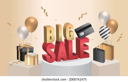 Great discount sale banner design in 3d illustration on gray background, sale word balloon on podium with credit card, shopping bag and gift design elements. scene 3d for show products.