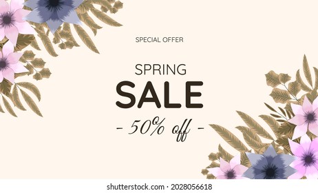 Great discount sale banner design. Abstract Natural Spring Sale Background in floral blossom theme with colorful flowers. Vector illustration for flyer, poster, web, social media, apps, promotion.