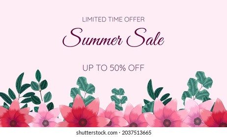 Great discount sale banner design. Abstract Natural Summer Sale Background in floral tropical theme with colorful flowers. Vector illustration for flyer, poster, web, social media, apps, promotion.