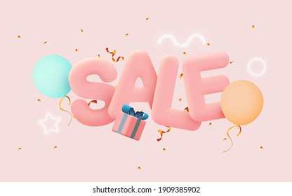 Great discount sale banner or poster design on bright pink background. Sale word composition with gift box, balloons, confetti. Vector illustration