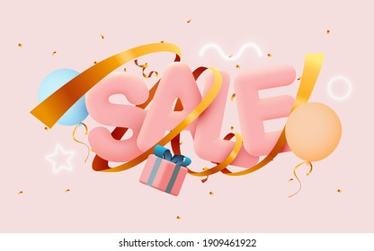 Great discount sale banner or poster design on bright pink background. Sale word composition with gift box, balloons, confetti. Vector illustration