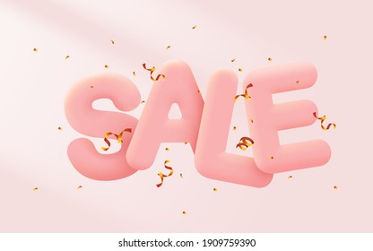 Great discount sale banner or poster design on bright pink background. Sale word composition with golden confetti. Vector illustration