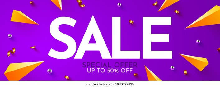 Great discount sale banner or poster design on bright background. Sale word composition with confetti. Vector illustration
