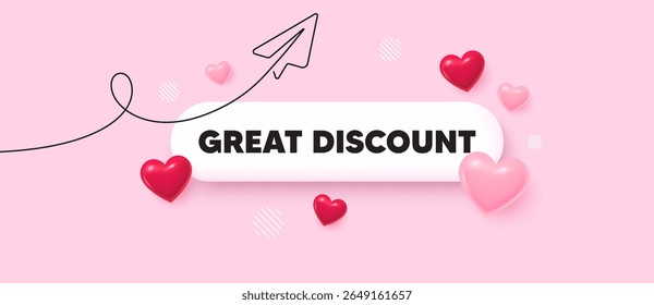 Great discount search bar. Share plane line icon. Great discount. Special offer price sign. Advertising sale symbol. Search button with 3d hearts. Vector