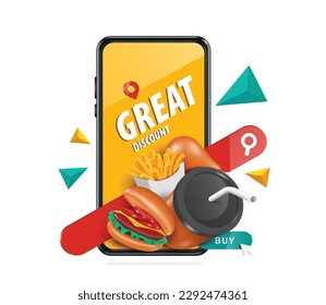 Great discount text display on yellow screen of smartphone along with hamburger ,French fries, fried chicken drumsticks, can of soft drinks ,search bar and buy order button ,vector for food delivery 