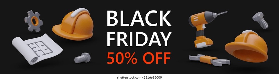 Great discounts on repair tools and personal protective equipment. General works, construction, communal services. Black Friday, grand sale. Vector concept with 3D elements