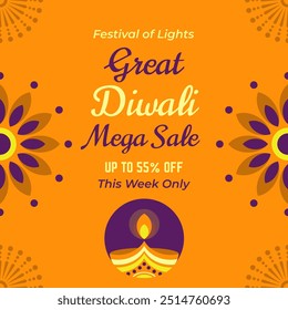 Great Diwali Mega Sale. Festival of Lights. Vector Illustration. This Week Only. Up to 55% Off. Happy Deepawali.