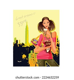 Great dream of fashion girl with cityscape background.