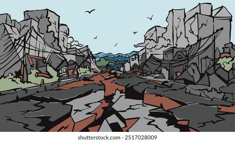 El Gran Terremoto destruyó las calles de la ciudad. Vector De Fondo Eps 10